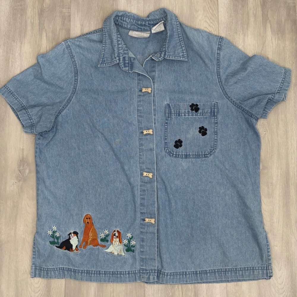 Vintage Blair Denim Dog Embroidered Button Up Shirt Cotton Bone Buttons Medium